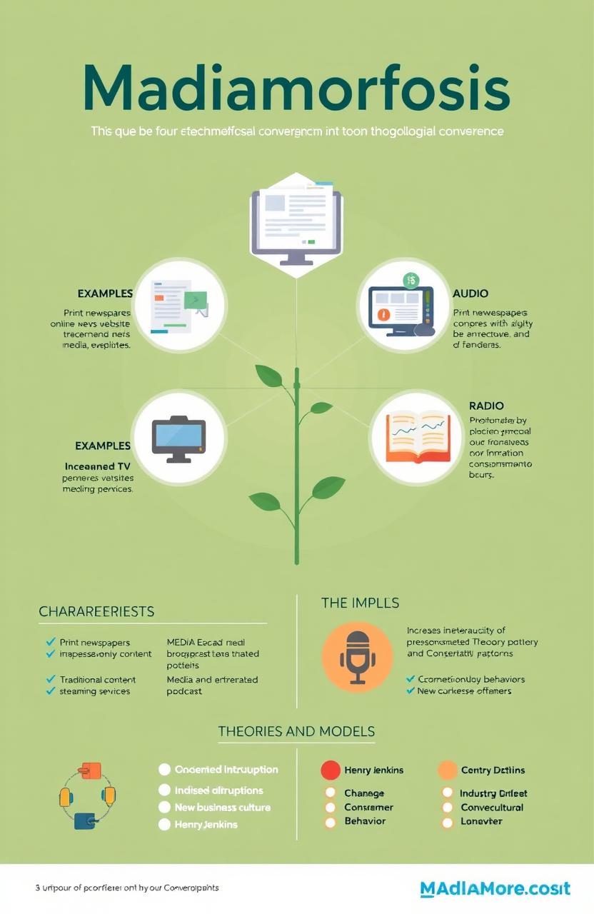 A visually engaging infographic showcasing the concept of 'Madiamorfosis', featuring the four main points of technological convergence in a clear and organized manner