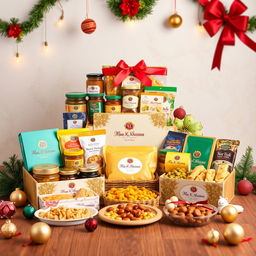 Create an image of beautifully arranged festive hampers for a business called 'Maa Ka Khazana'