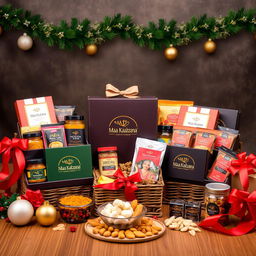 Create an image of beautifully arranged festive hampers for a business called 'Maa Ka Khazana'