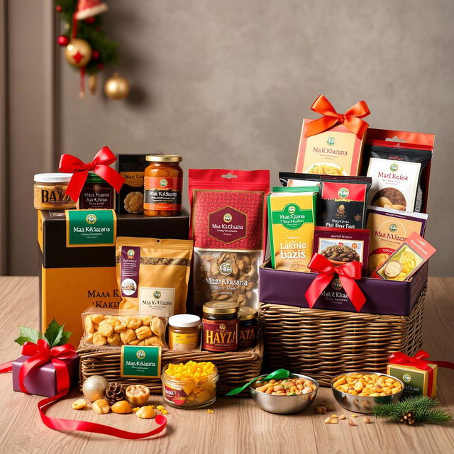 Create an image of beautifully arranged festive hampers for a business called 'Maa Ka Khazana'