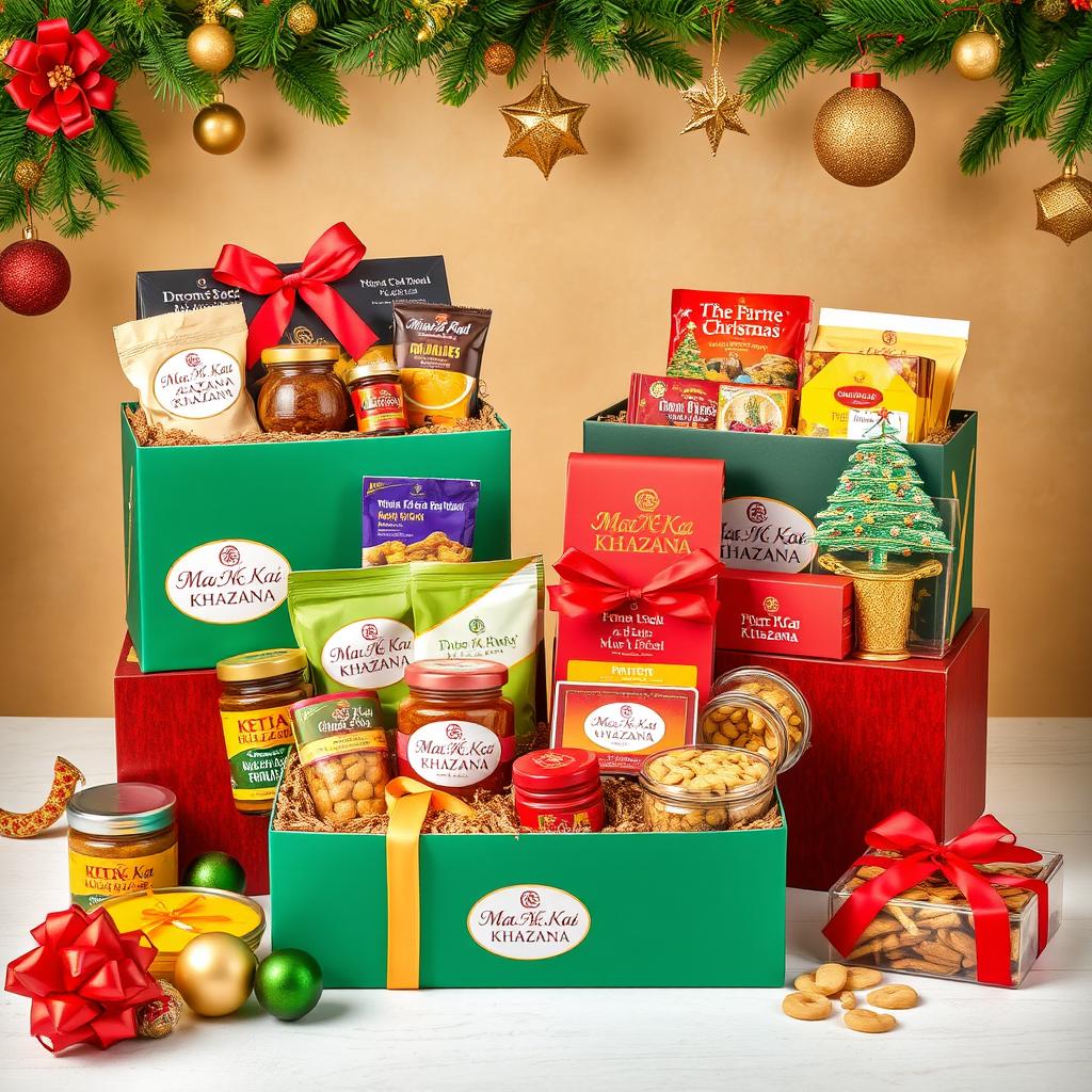 Create an image of beautifully arranged festive hampers for a business called 'Maa Ka Khazana'