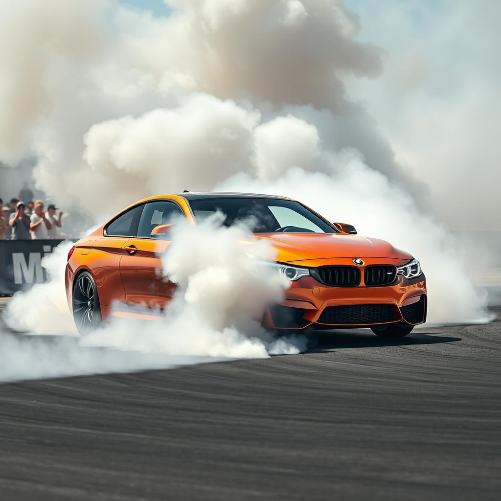 A powerful BMW M4 performing a spectacular burnout and drift, with thick plumes of tire smoke filling the air