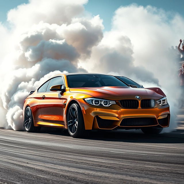 A powerful BMW M4 performing a spectacular burnout and drift, with thick plumes of tire smoke filling the air