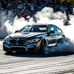 A powerful BMW M4 performing a spectacular burnout and drift, with thick plumes of tire smoke filling the air