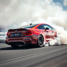 A powerful BMW M4 performing a spectacular burnout and drift, with thick plumes of tire smoke filling the air