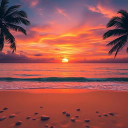 A stunning sunset over a calm ocean, with vibrant shades of orange, pink, and purple swirling together as the sun dips below the horizon