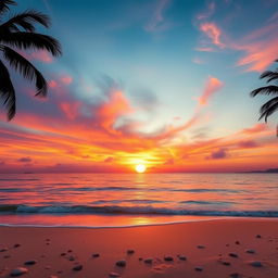 A stunning sunset over a calm ocean, with vibrant shades of orange, pink, and purple swirling together as the sun dips below the horizon