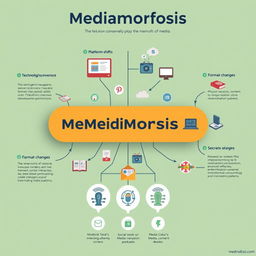 An informative infographic titled 'Mediamorfosis', designed to visually represent the intricate details surrounding the evolution of media