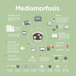 An informative infographic titled 'Mediamorfosis', designed to visually represent the intricate details surrounding the evolution of media