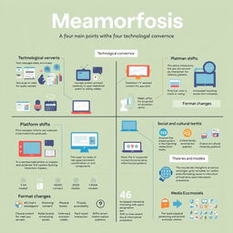 An informative infographic titled 'Mediamorfosis', designed to visually represent the intricate details surrounding the evolution of media