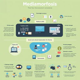 An informative infographic titled 'Mediamorfosis', designed to visually represent the intricate details surrounding the evolution of media