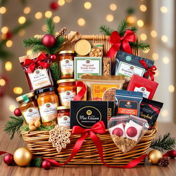 A beautifully arranged Christmas and New Year themed food hamper, featuring a variety of homemade delicacies such as pickles, papad, badis, namkeen, and sweets