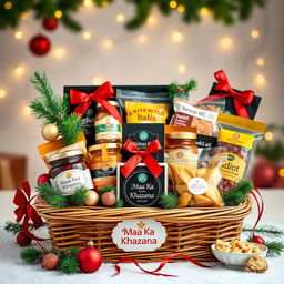 A beautifully arranged Christmas and New Year themed food hamper, featuring a variety of homemade delicacies such as pickles, papad, badis, namkeen, and sweets