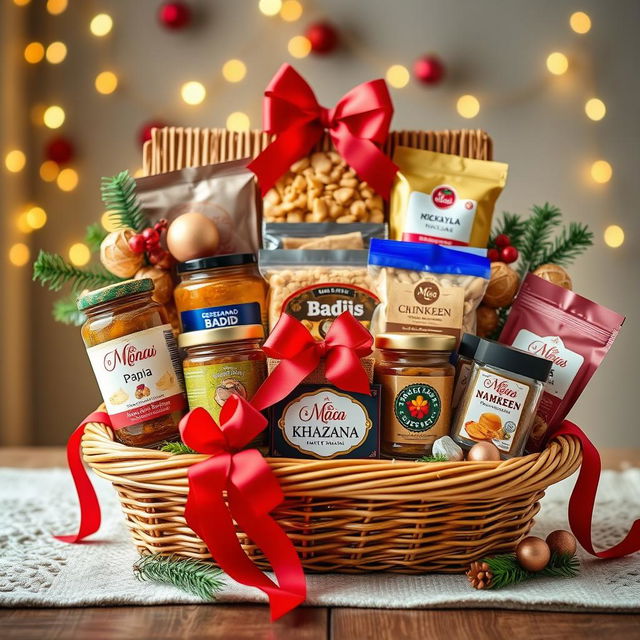 A beautifully arranged Christmas and New Year themed food hamper, featuring a variety of homemade delicacies such as pickles, papad, badis, namkeen, and sweets