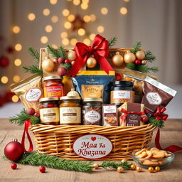 A beautifully arranged Christmas and New Year themed food hamper, featuring a variety of homemade delicacies such as pickles, papad, badis, namkeen, and sweets
