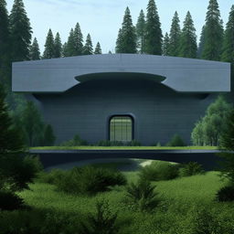 front view of exterior perimeter and gate of futuristic maximum-security penitentiary' in the middle of forest in broad daylight based on https://files.dreamhome.software/files/static/37174