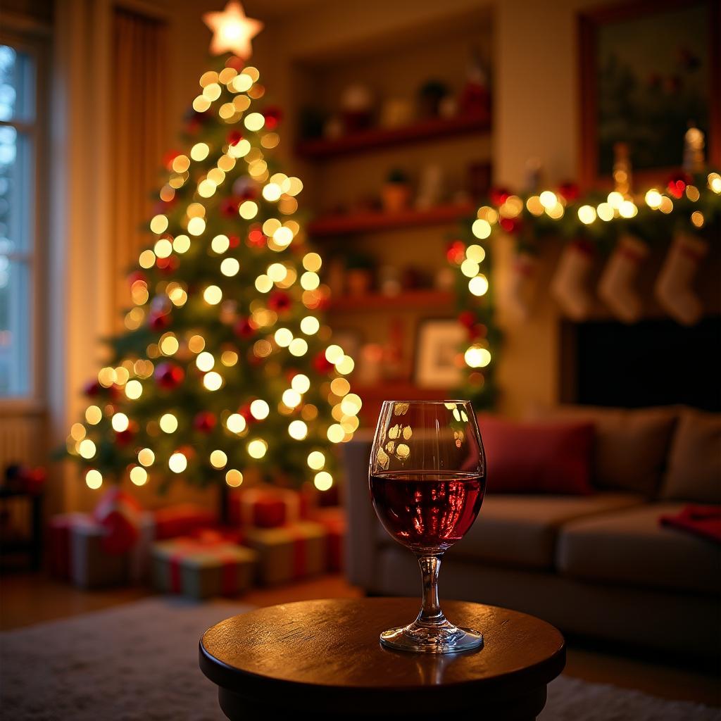 A beautifully decorated Christmas tree adorned with twinkling lights, colorful ornaments, and a shimmering star on top, set against a cozy living room backdrop