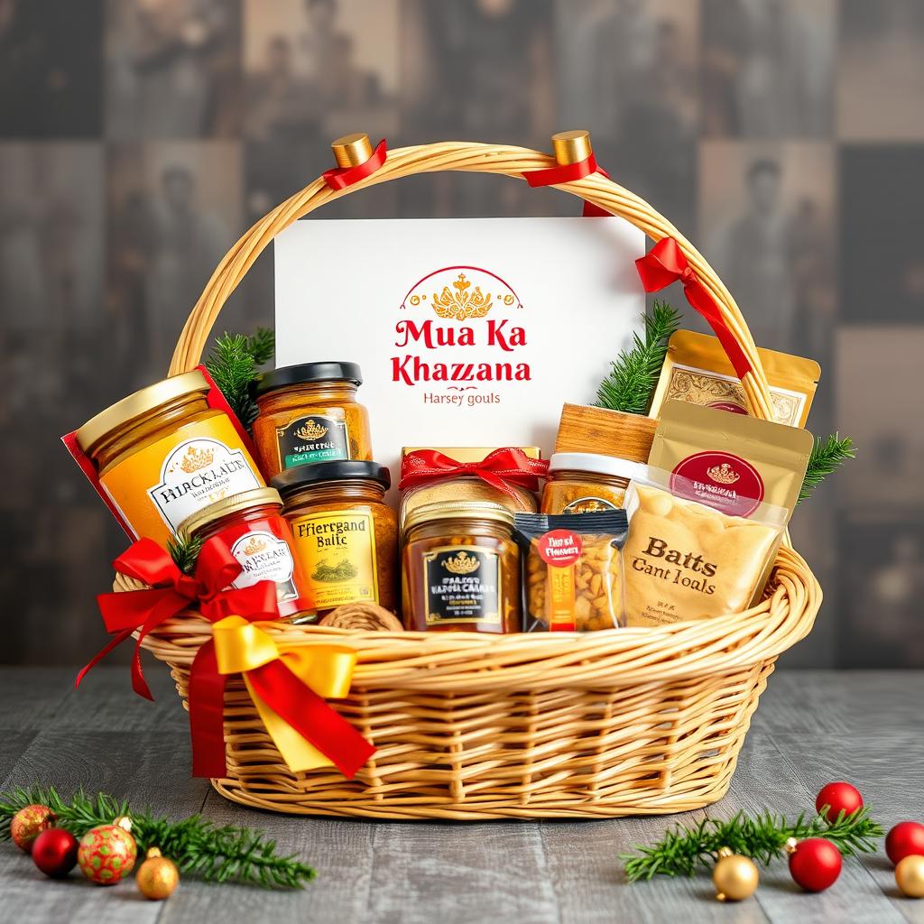 An elegant Christmas and New Year themed food hamper showcasing an assortment of delicious homemade treats from 'Maa Ka Khazana'