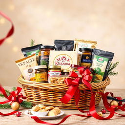 An elegant Christmas and New Year themed food hamper showcasing an assortment of delicious homemade treats from 'Maa Ka Khazana'