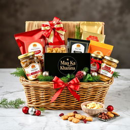 An elegant Christmas and New Year themed food hamper showcasing an assortment of delicious homemade treats from 'Maa Ka Khazana'
