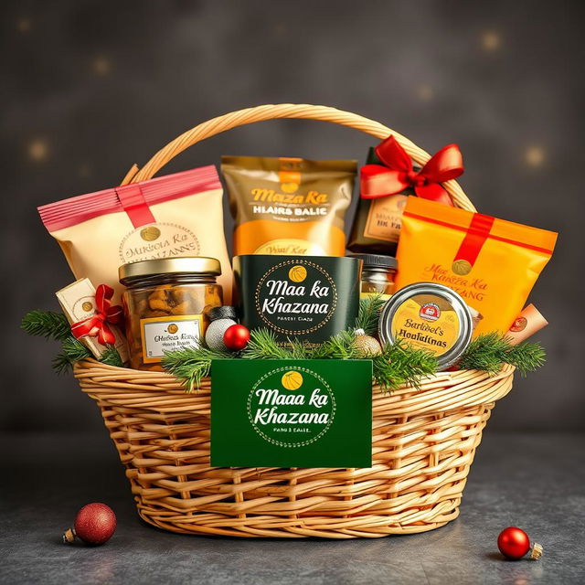 An elegant Christmas and New Year themed food hamper showcasing an assortment of delicious homemade treats from 'Maa Ka Khazana'