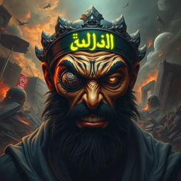 A striking and vivid depiction of Dajjal, a powerful figure with a unique and menacing appearance, set against a backdrop of destruction