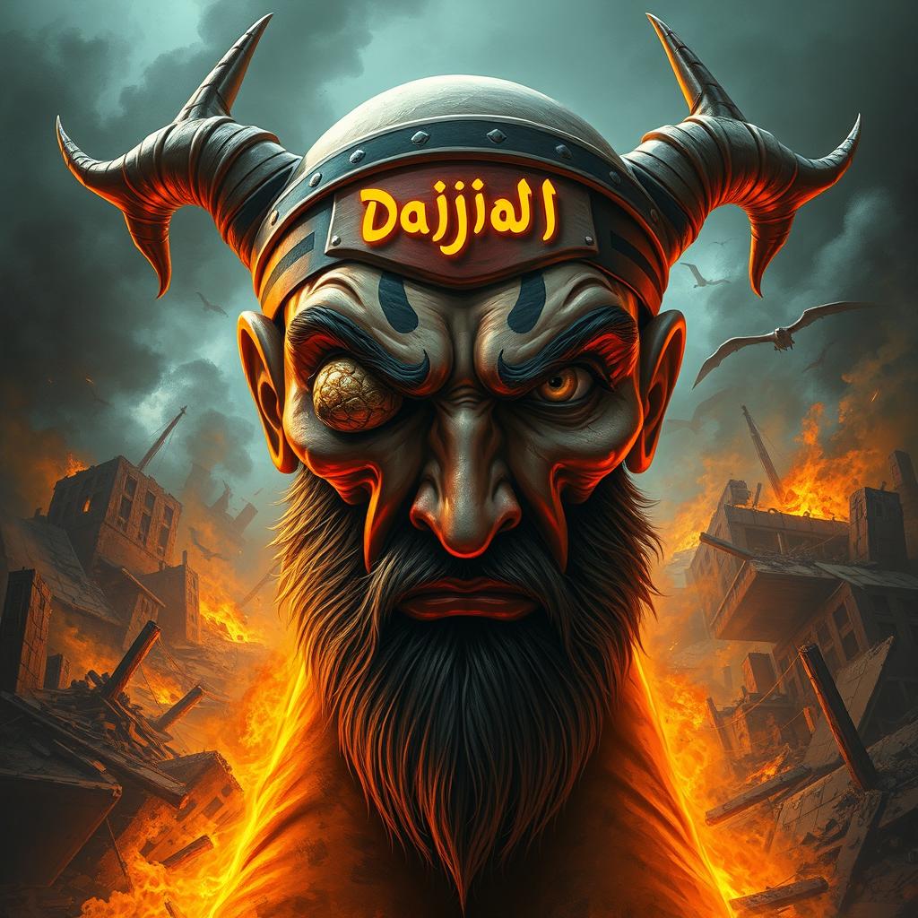 A striking and vivid depiction of Dajjal, a powerful figure with a unique and menacing appearance, set against a backdrop of destruction