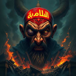 A striking and vivid depiction of Dajjal, a powerful figure with a unique and menacing appearance, set against a backdrop of destruction