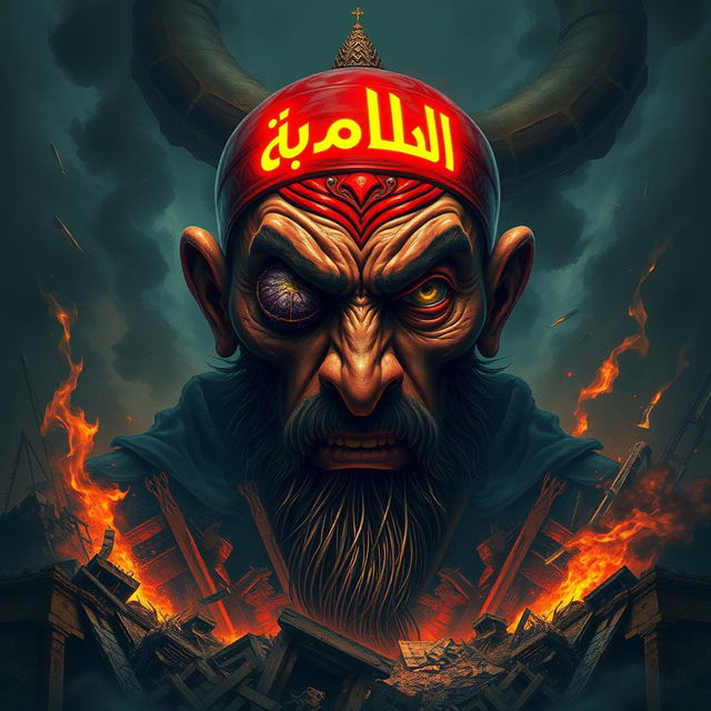 A striking and vivid depiction of Dajjal, a powerful figure with a unique and menacing appearance, set against a backdrop of destruction