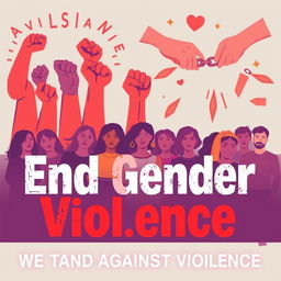 A powerful and impactful poster addressing gender violence, featuring a diverse group of people standing united against violence