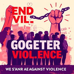 A powerful and impactful poster addressing gender violence, featuring a diverse group of people standing united against violence