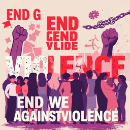 A powerful and impactful poster addressing gender violence, featuring a diverse group of people standing united against violence