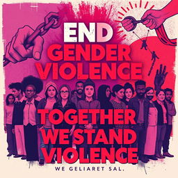 A powerful and impactful poster addressing gender violence, featuring a diverse group of people standing united against violence