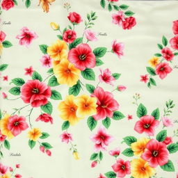 A beautifully designed saree featuring an intricate floral pattern, showcasing vibrant flowers such as roses, hibiscus, and lilies in a variety of colors like red, yellow, pink, and white
