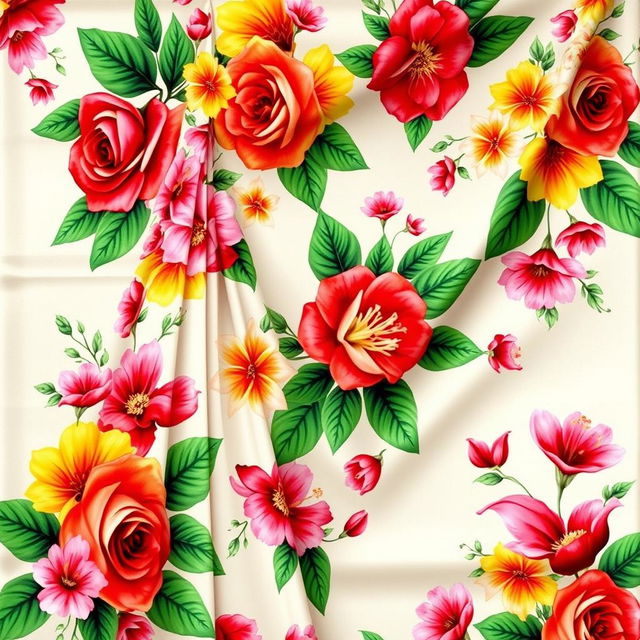 A beautifully designed saree featuring an intricate floral pattern, showcasing vibrant flowers such as roses, hibiscus, and lilies in a variety of colors like red, yellow, pink, and white