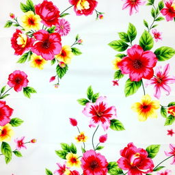A beautifully designed saree featuring an intricate floral pattern, showcasing vibrant flowers such as roses, hibiscus, and lilies in a variety of colors like red, yellow, pink, and white
