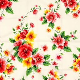 A beautifully designed saree featuring an intricate floral pattern, showcasing vibrant flowers such as roses, hibiscus, and lilies in a variety of colors like red, yellow, pink, and white