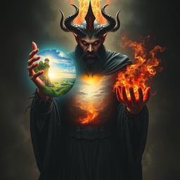 A chilling depiction of Dajjal, a foreboding figure embodying evil and chaos, standing in a dark, eerie environment