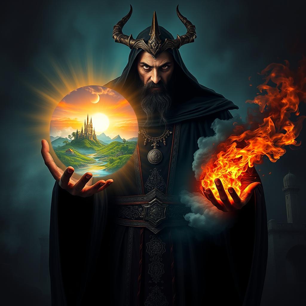 A chilling depiction of Dajjal, a foreboding figure embodying evil and chaos, standing in a dark, eerie environment