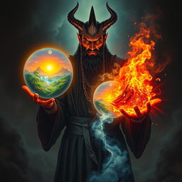 A chilling depiction of Dajjal, a foreboding figure embodying evil and chaos, standing in a dark, eerie environment