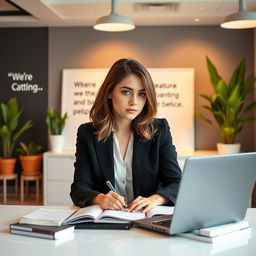 A stylish and professional photo of an 18-year-old girl studying accounting, sitting at a modern desk with a laptop, a notebook, and some accounting books