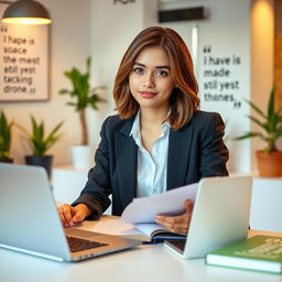 A stylish and professional photo of an 18-year-old girl studying accounting, sitting at a modern desk with a laptop, a notebook, and some accounting books