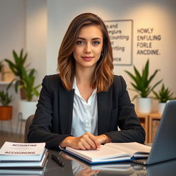 A stylish and professional photo of an 18-year-old girl studying accounting, sitting at a modern desk with a laptop, a notebook, and some accounting books