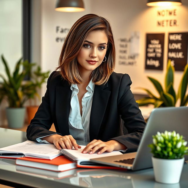 A stylish and professional photo of an 18-year-old girl studying accounting, sitting at a modern desk with a laptop, a notebook, and some accounting books