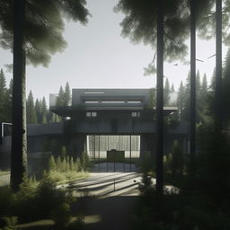 front view of exterior perimeter and gate of futuristic maximum-security penitentiary' in the middle of forest in broad daylight based on https://files.dreamhome.software/files/static/37174