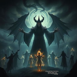 A dramatic and mystical depiction of Dajjal, a figure surrounded by an eerie aura, standing with outstretched hands as he resurrects the dead in a dark, atmospheric environment