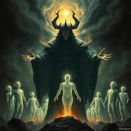 A dramatic and mystical depiction of Dajjal, a figure surrounded by an eerie aura, standing with outstretched hands as he resurrects the dead in a dark, atmospheric environment