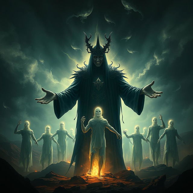 A dramatic and mystical depiction of Dajjal, a figure surrounded by an eerie aura, standing with outstretched hands as he resurrects the dead in a dark, atmospheric environment