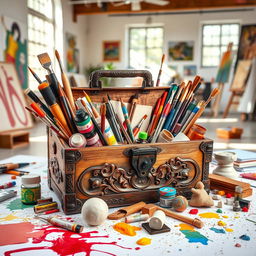 A vibrant and eclectic creative toolbox, filled to the brim with artistic supplies such as paintbrushes, colorful watercolors, sketch pads, markers, and sculpting tools