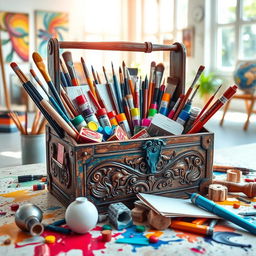 A vibrant and eclectic creative toolbox, filled to the brim with artistic supplies such as paintbrushes, colorful watercolors, sketch pads, markers, and sculpting tools